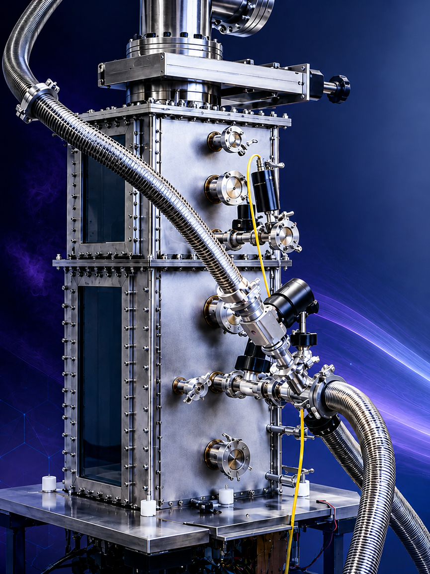 PlasmX plasma deposition vacuum chamber with stainless steel flanges and process instrumentation